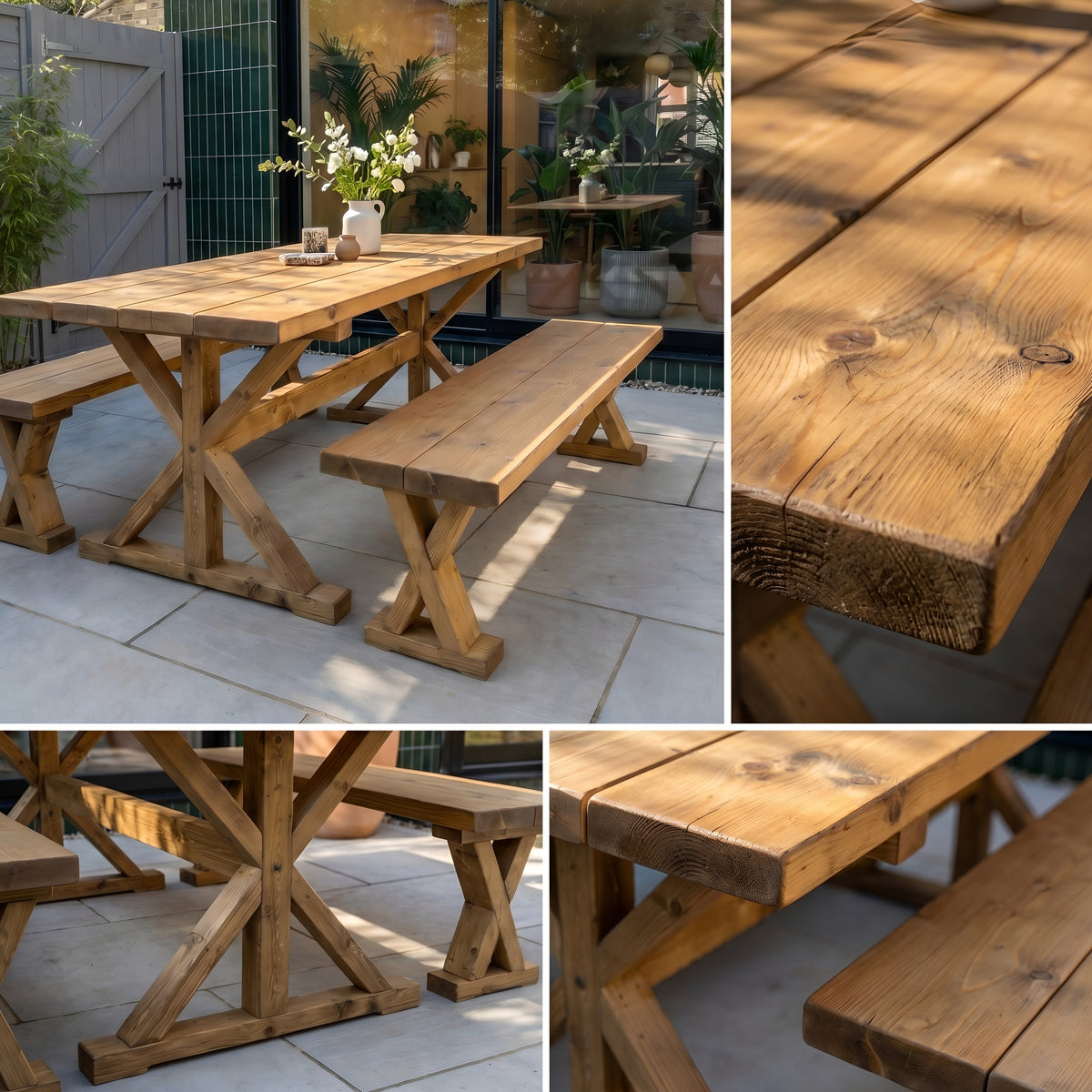 Outdoor Table With Timber Cross Legs and Bench