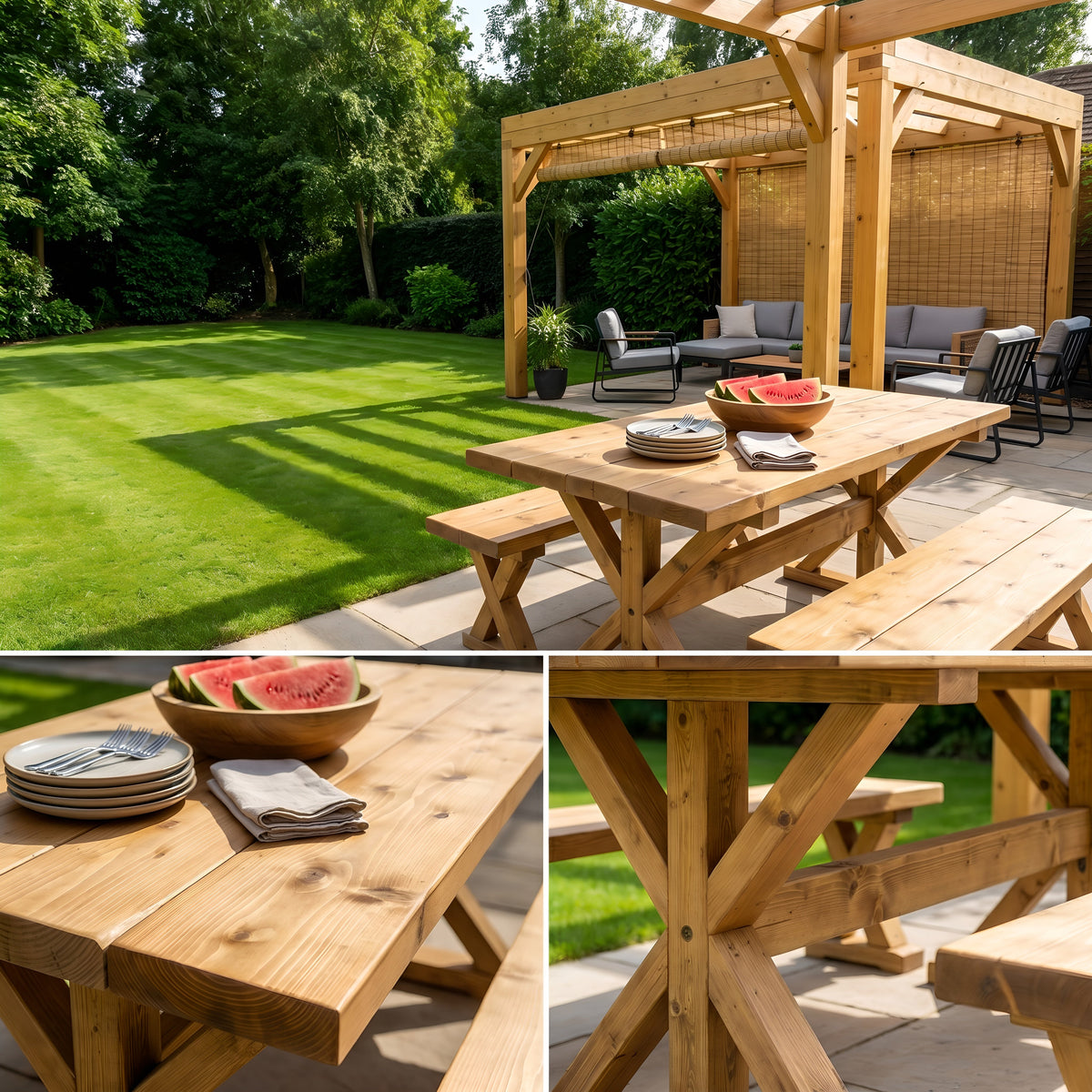 Outdoor Table With Timber Cross Legs and Bench