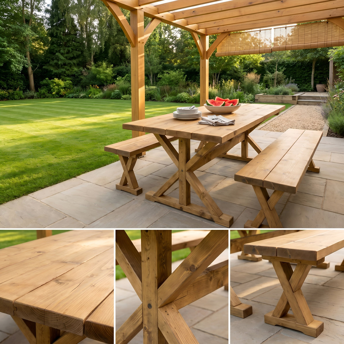 Outdoor Table With Timber Cross Legs and Bench