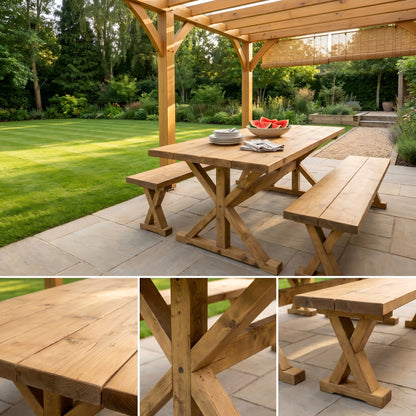 Outdoor Table With Timber Cross Legs and Bench