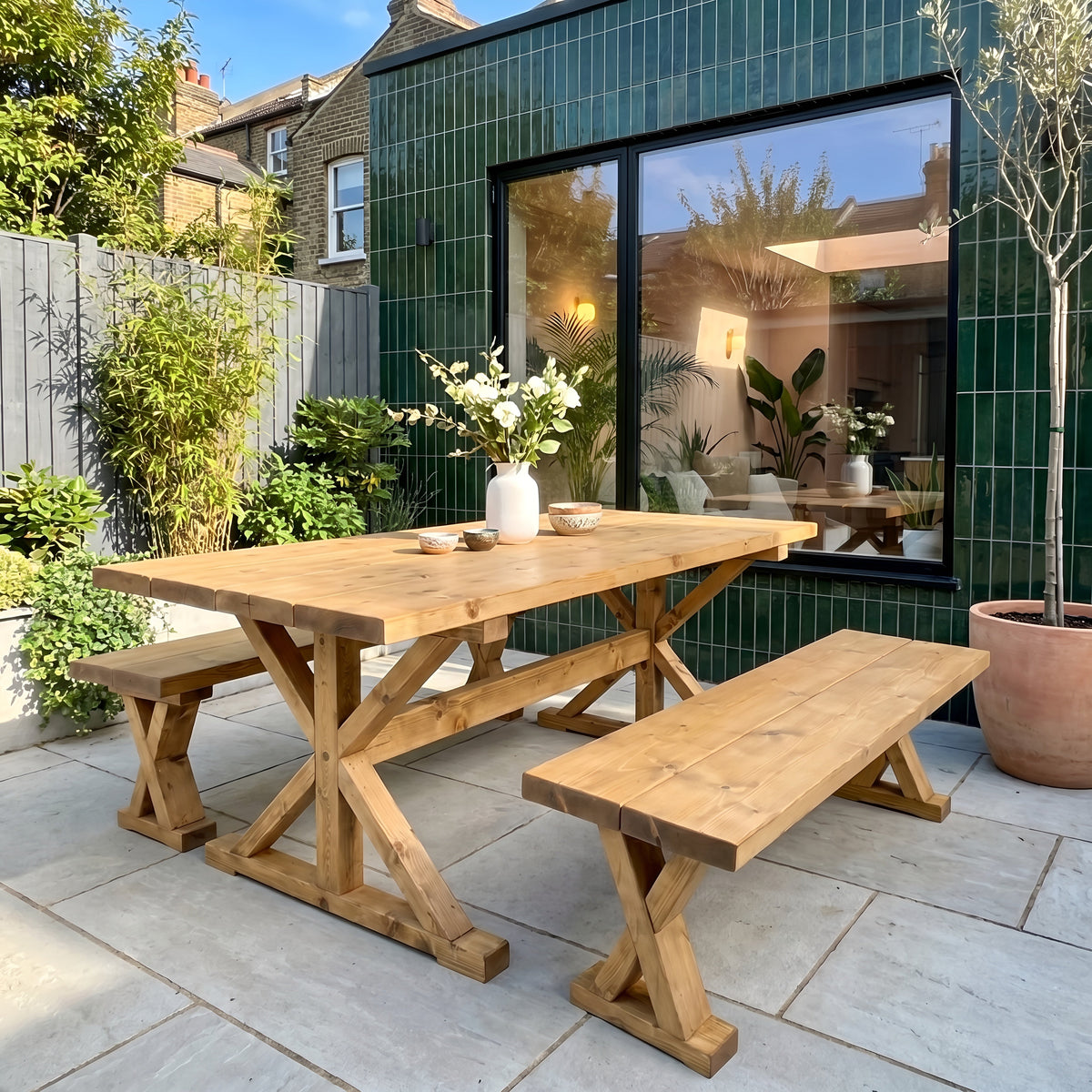 Outdoor Table With Timber Cross Legs and Bench