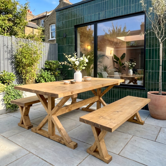 Outdoor Table With Timber Cross Legs and Bench