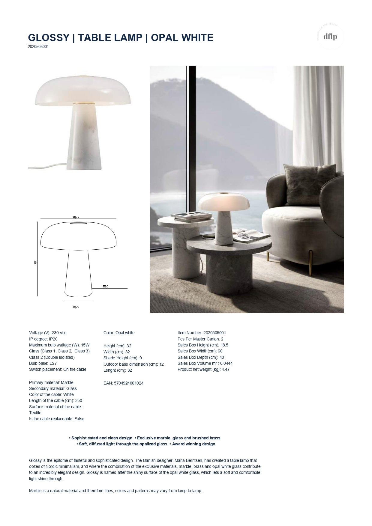 Nordlux DFTP GLOSSY - White Marble Table Lamp 2020505001