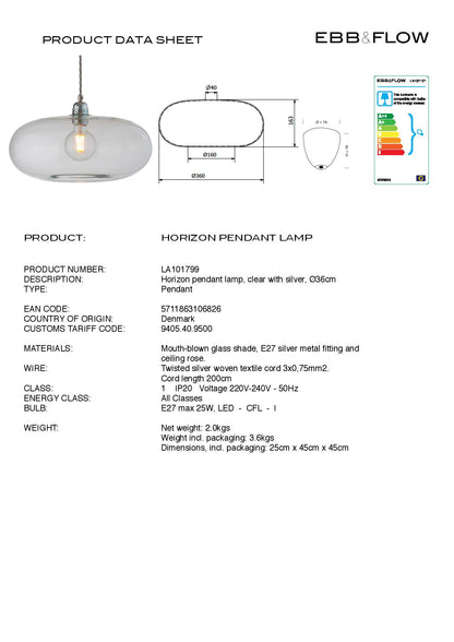 Ebb & Flow HORIZON Pendant Large - Clear with silver Cord LA101799