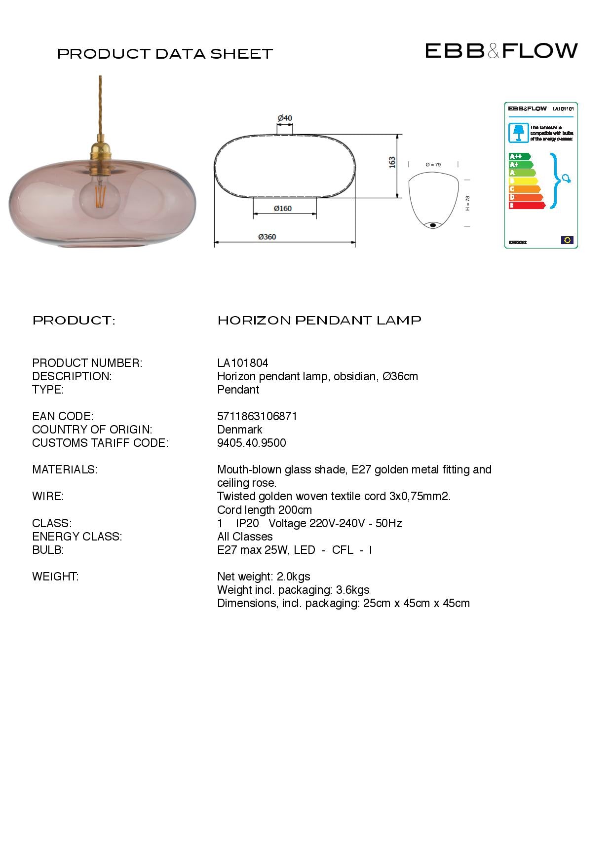 Ebb & Flow HORIZON Pendant Obsidian LA101804