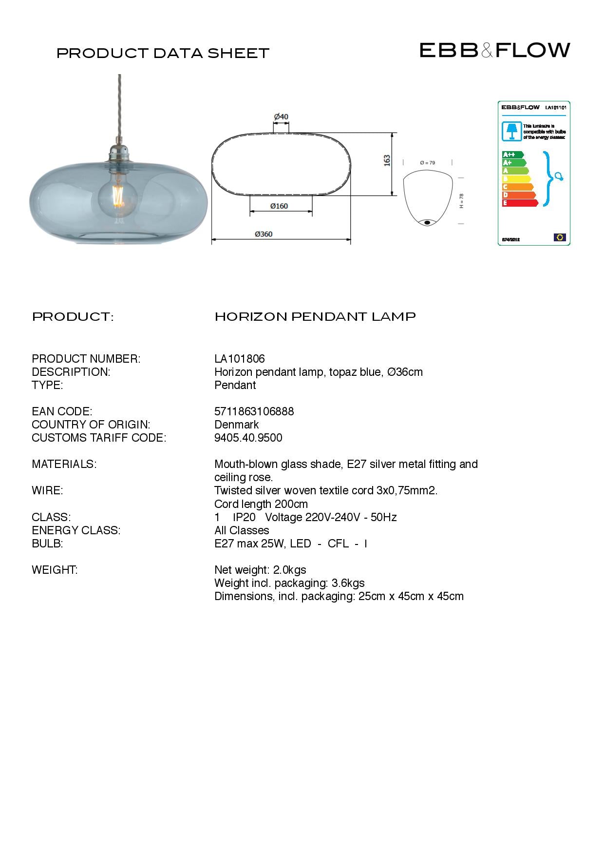 Ebb & Flow HORIZON Pendant Large - Topaz Blue LA101806